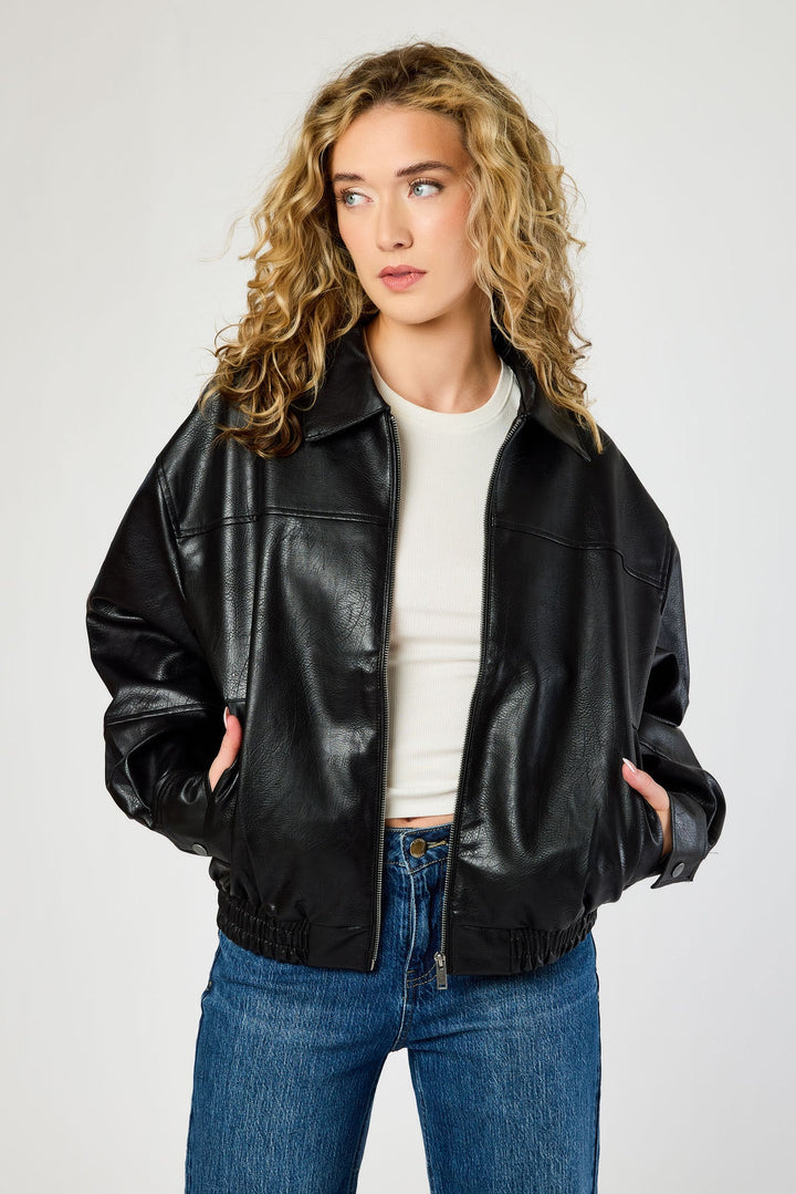 Black Faux Leather Oversized Bomber Jacket for women - view 2
