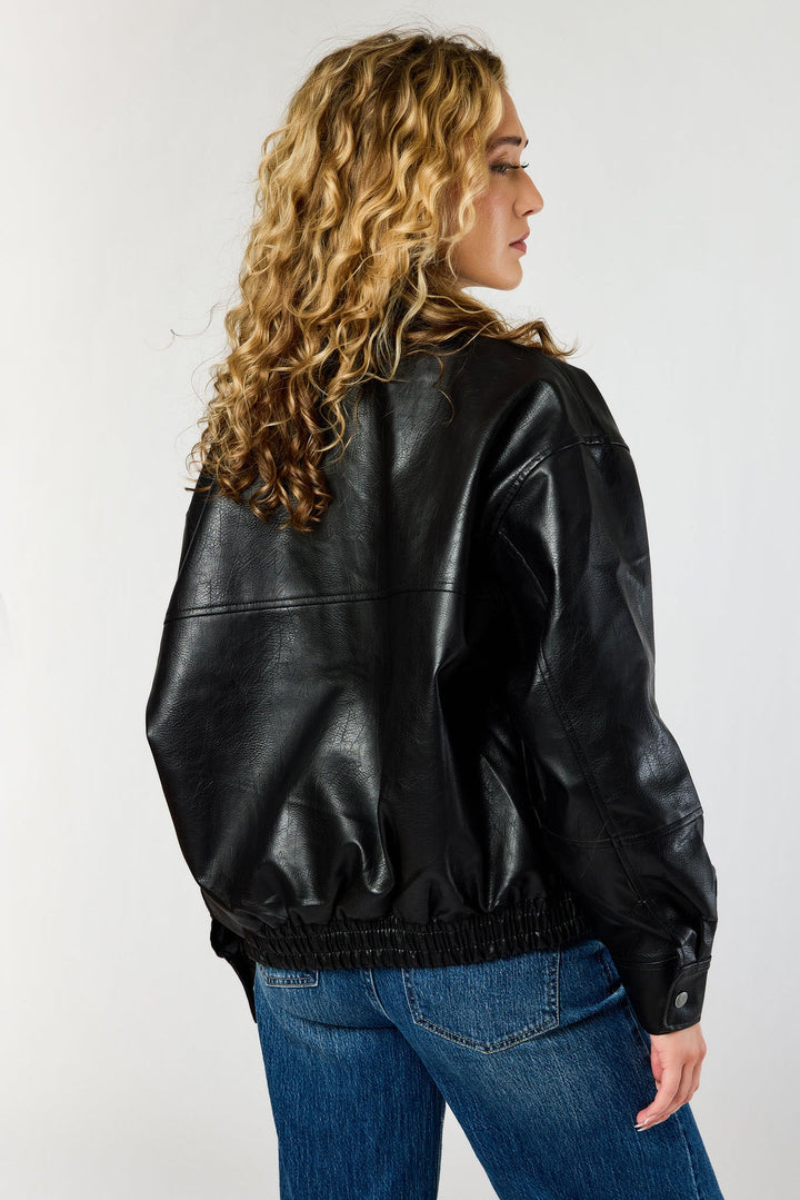 Black Faux Leather Oversized Bomber Jacket for women - view 3