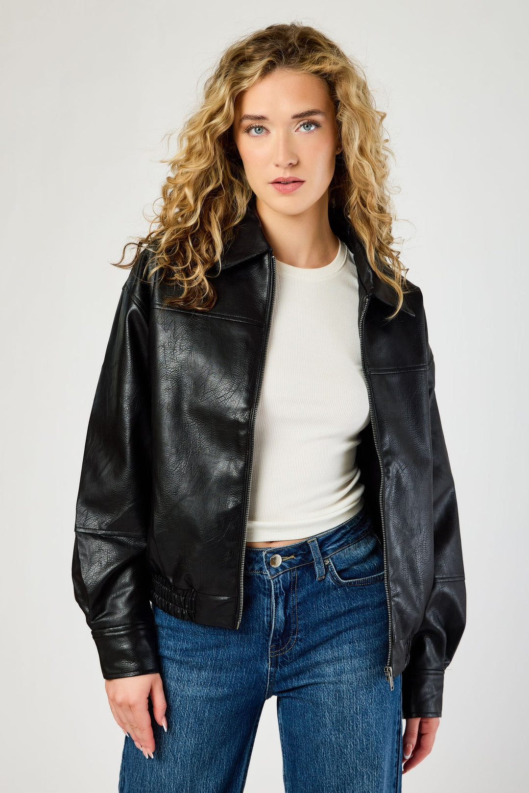 Black Faux Leather Oversized Bomber Jacket for women - view 4