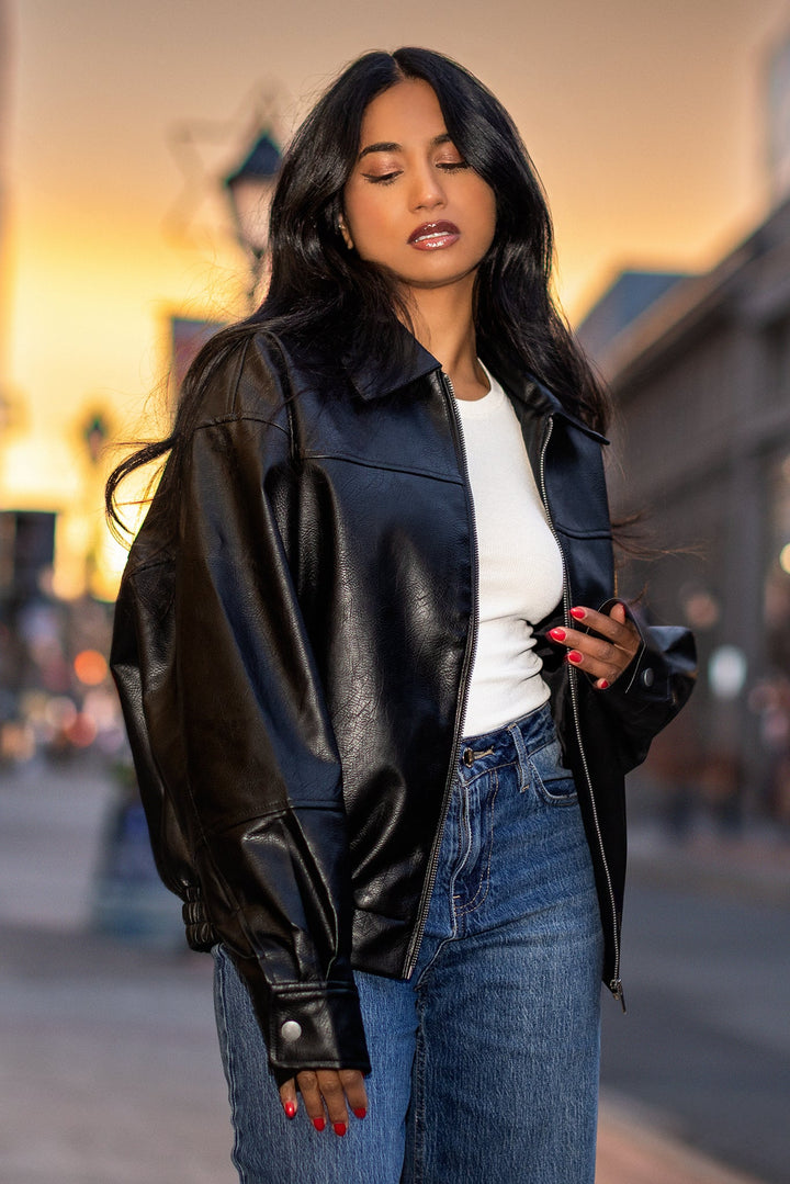 Black Faux Leather Oversized Bomber Jacket for women - view 1