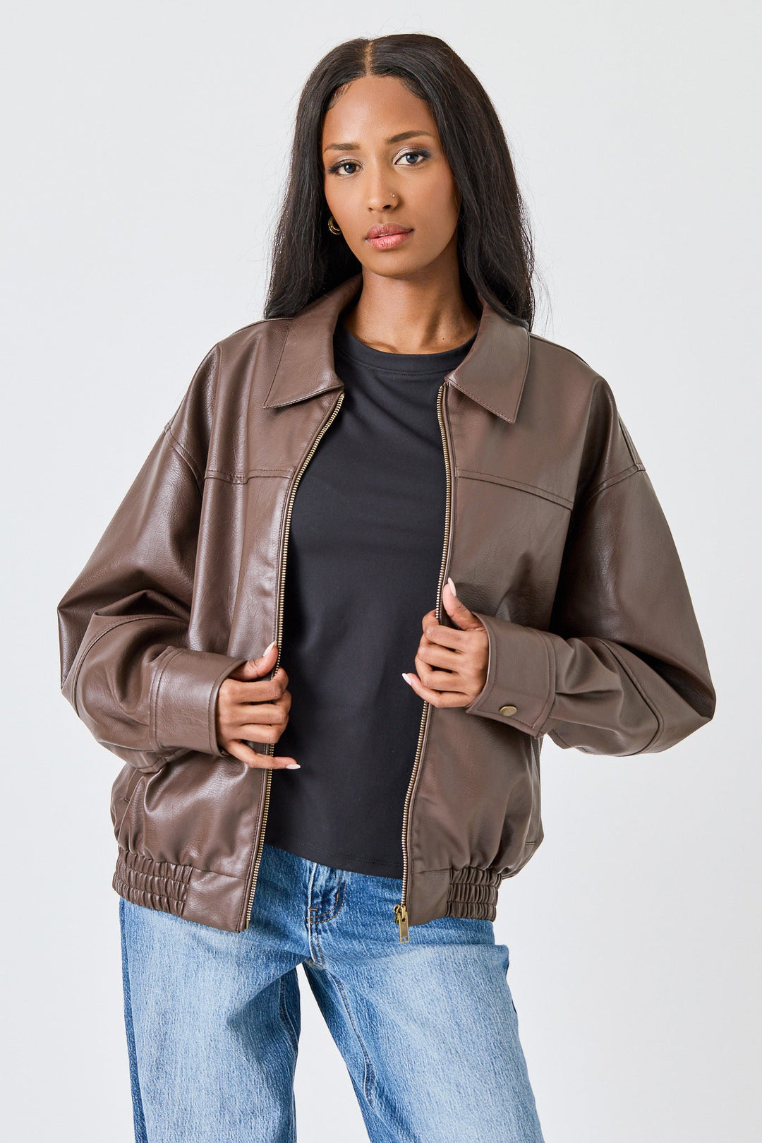 Black Faux Leather Oversized Bomber Jacket for women - view 5