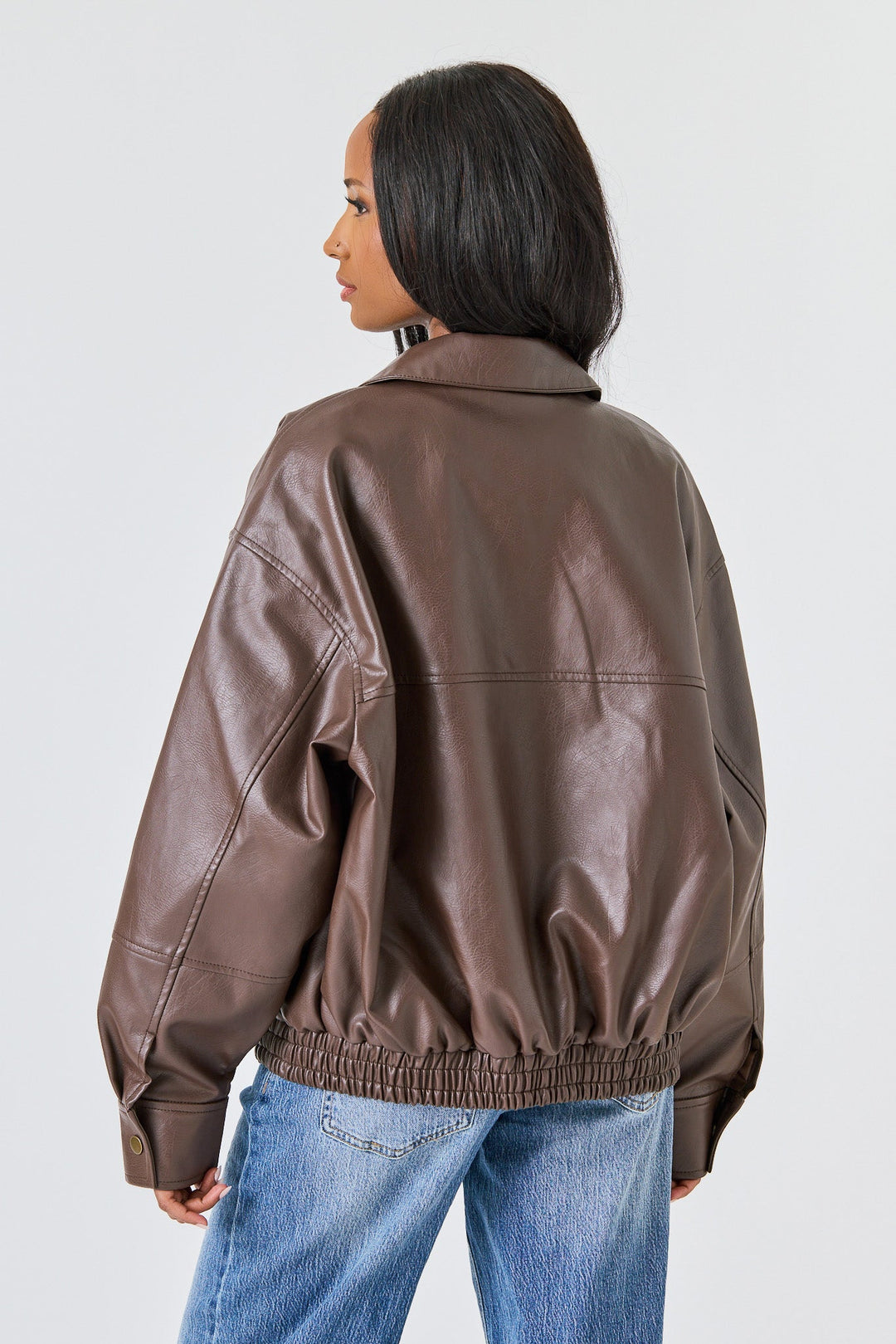 Black Faux Leather Oversized Bomber Jacket for women - view 6