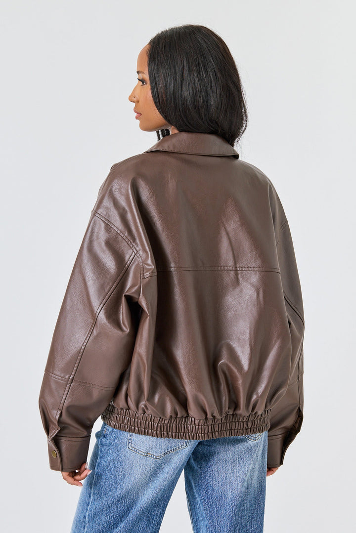 Black Faux Leather Oversized Bomber Jacket for women - view 6