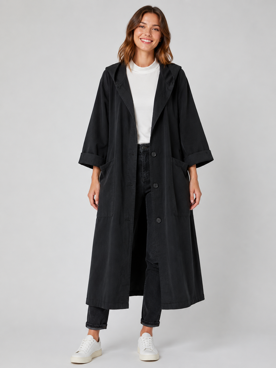 Ermeline Long Waterproof Trench Coat Hooded Belted for Women in Black