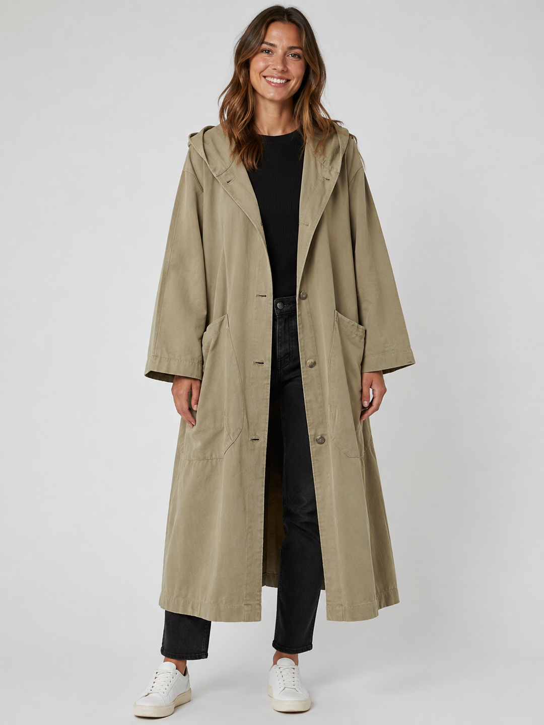Ermeline Long Waterproof Trench Coat Hooded Belted for Women in Beige