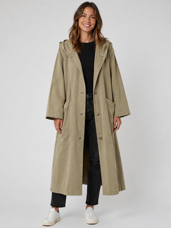Ermeline Long Waterproof Trench Coat Hooded Belted for Women in Beige