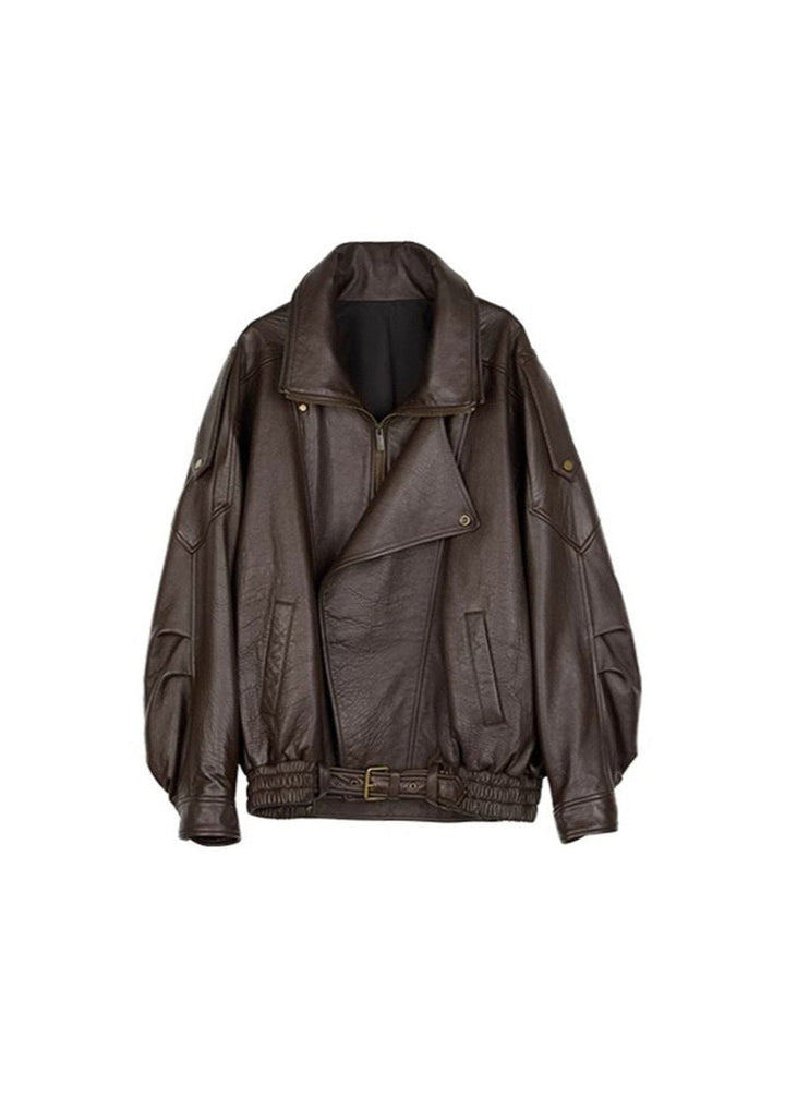 Oversized Brown Leather Bomber Jacket for women - view 5