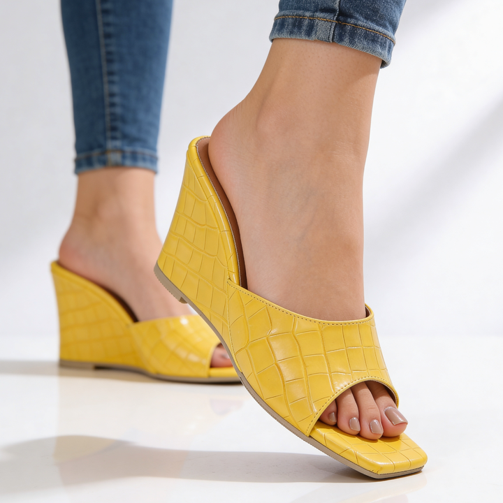 Croc Effect Wedge Mules — women's mules in blush