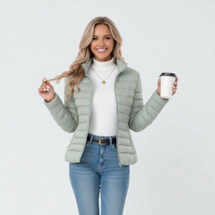 Célestine Lightweight Quilted Jacket Stand Collar Cropped for Women in Matcha colour