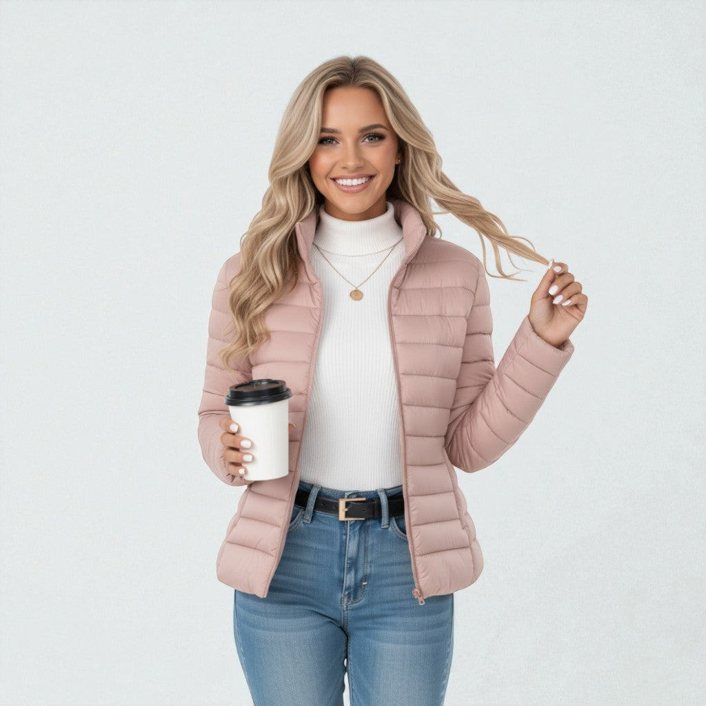 Célestine Lightweight Quilted Jacket Stand Collar Cropped for Women in Pink