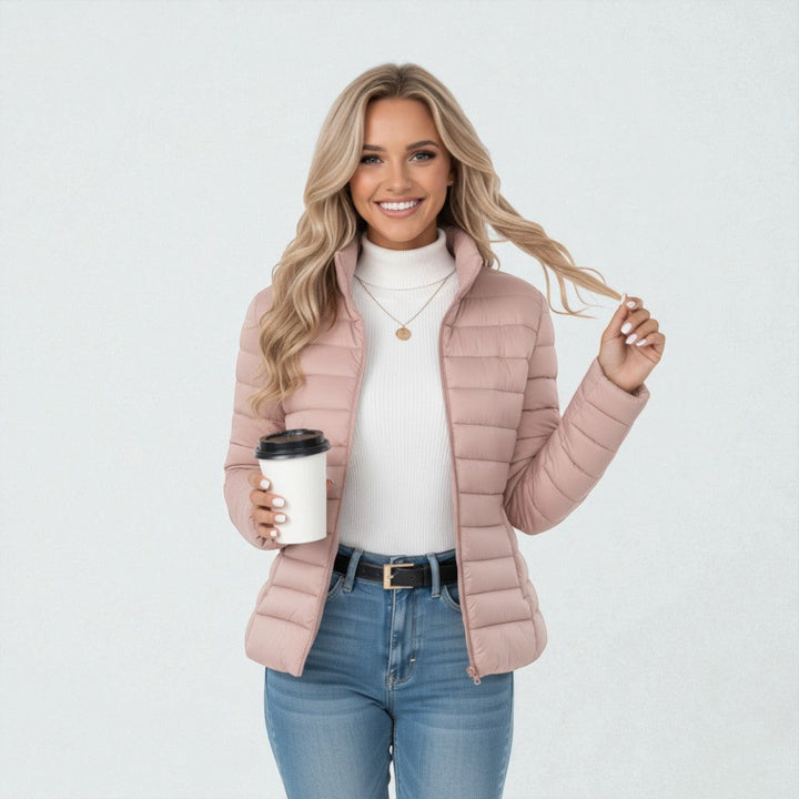 Célestine Lightweight Quilted Jacket Stand Collar Cropped for Women in Pink