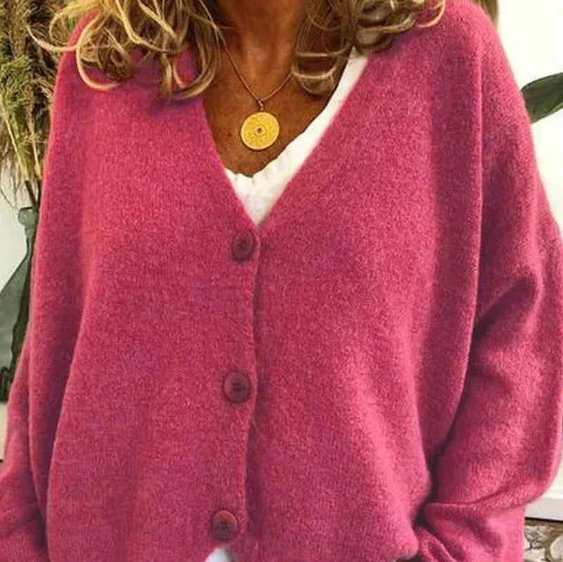 Mabel Elegant V Neck Knitted Cardigan Button Up for Women in Pink
