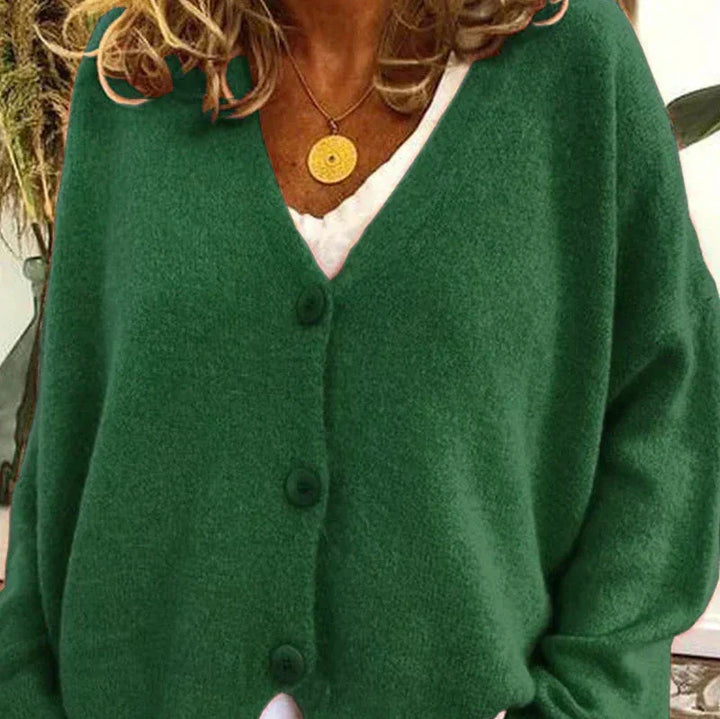 Mabel Elegant V Neck Knitted Cardigan Button Up for Women in Dark Green