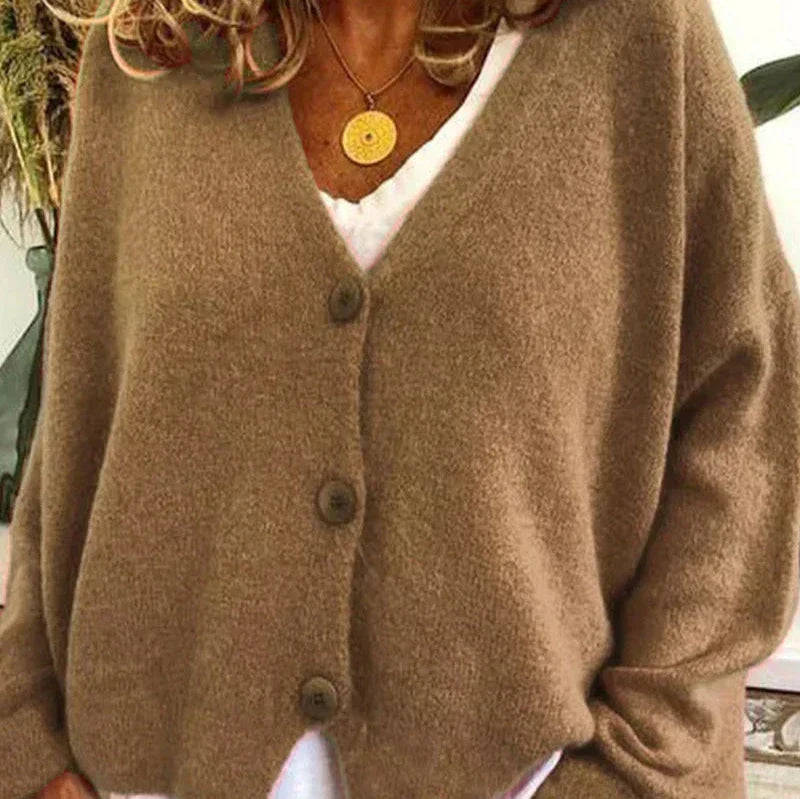 Mabel Elegant V Neck Knitted Cardigan Button Up for Women in Khaki