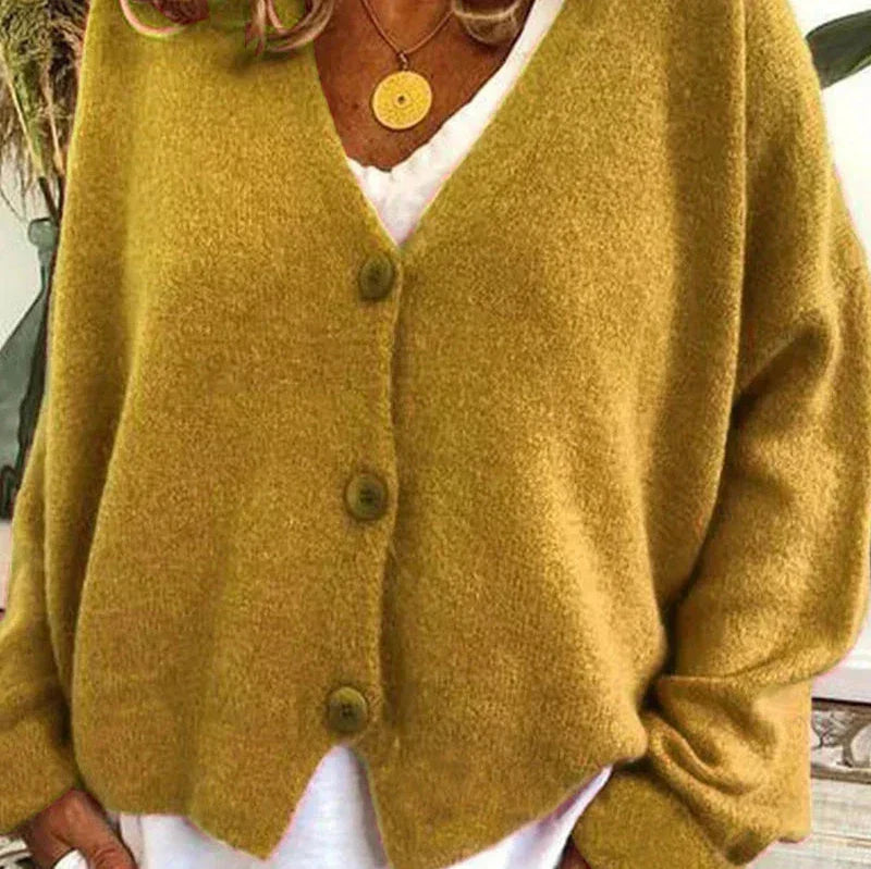 Mabel Elegant V Neck Knitted Cardigan Button Up for Women in Yellow
