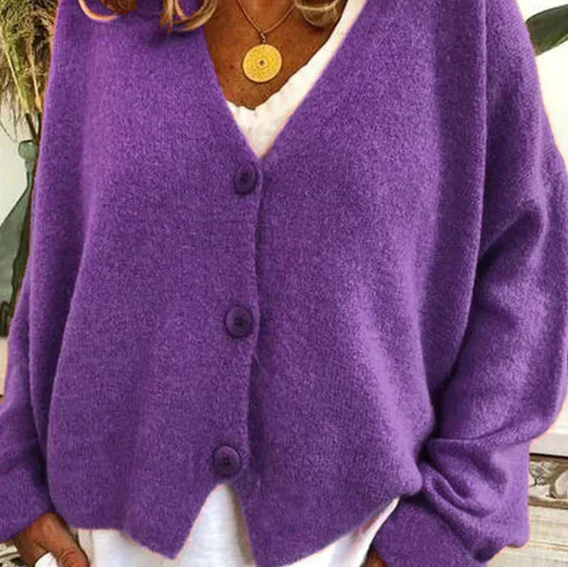 Mabel Elegant V Neck Knitted Cardigan Button Up for Women in Purple