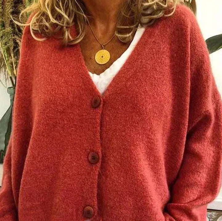 Mabel Elegant V Neck Knitted Cardigan Button Up for Women in Dark Orange