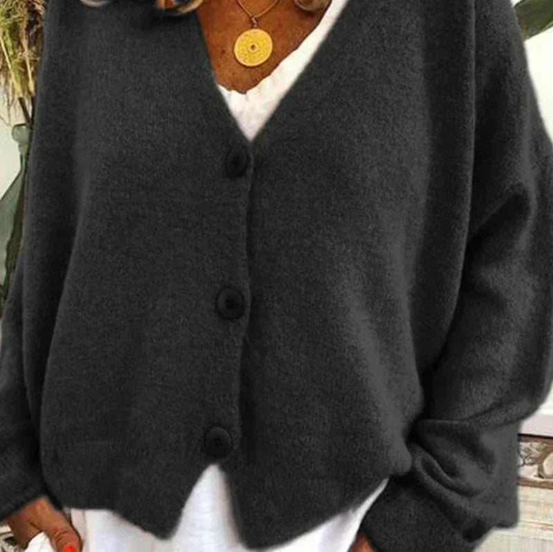 Mabel Elegant V Neck Knitted Cardigan Button Up for Women in Black