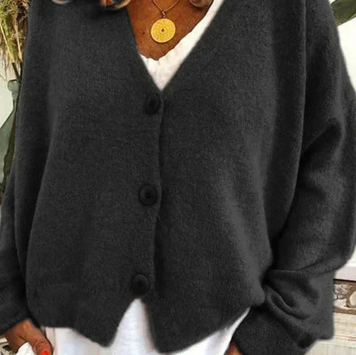 Mabel Elegant V Neck Knitted Cardigan Button Up for Women in Black