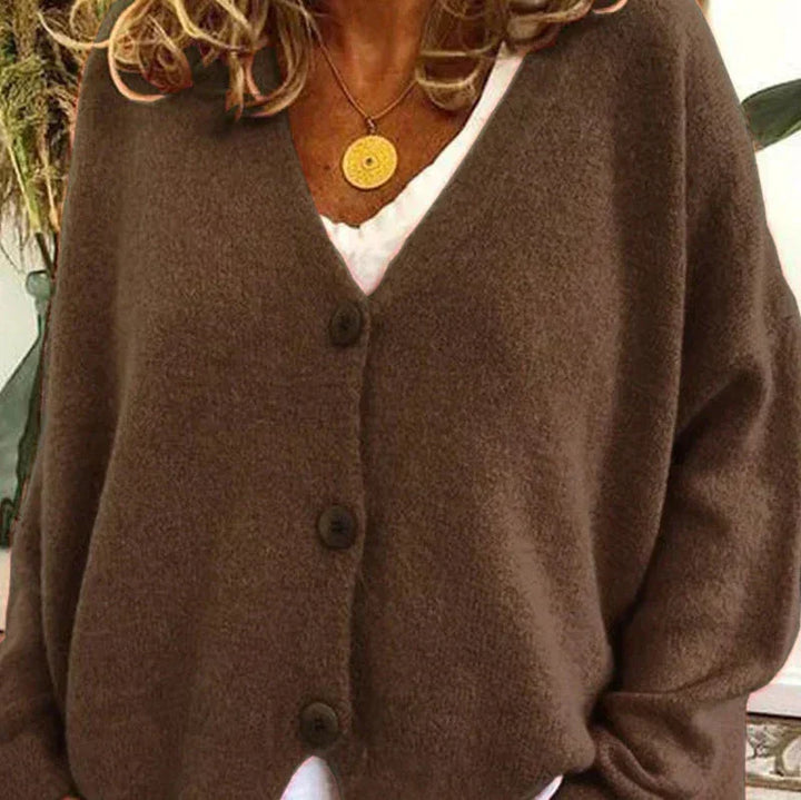 Mabel Elegant V Neck Knitted Cardigan Button Up for Women in Brown