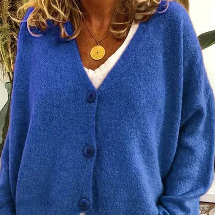 Mabel Elegant V Neck Knitted Cardigan Button Up for Women in Blue