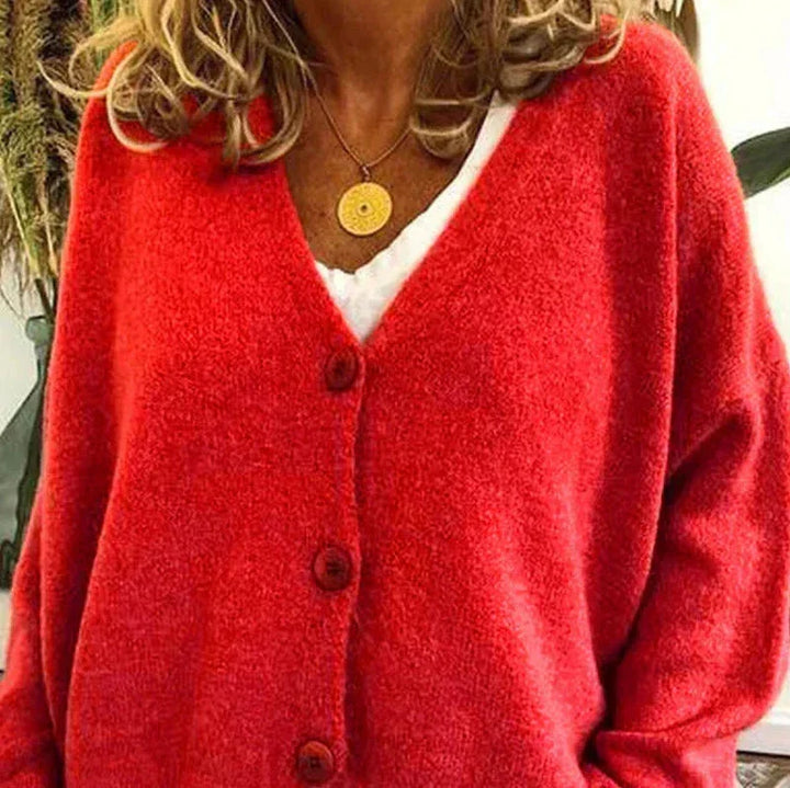 Mabel Elegant V Neck Knitted Cardigan Button Up for Women in Red