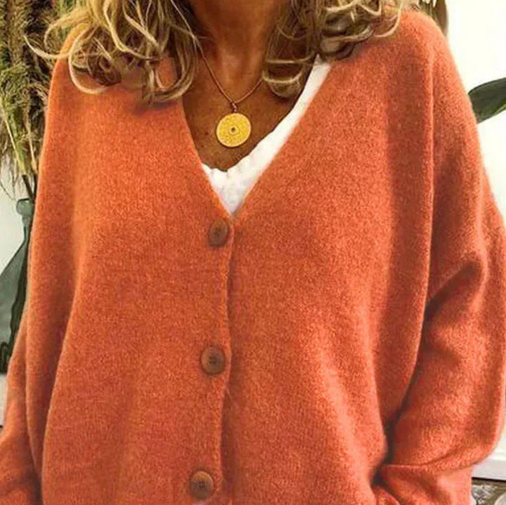 Mabel Elegant V Neck Knitted Cardigan Button Up for Women in Orange