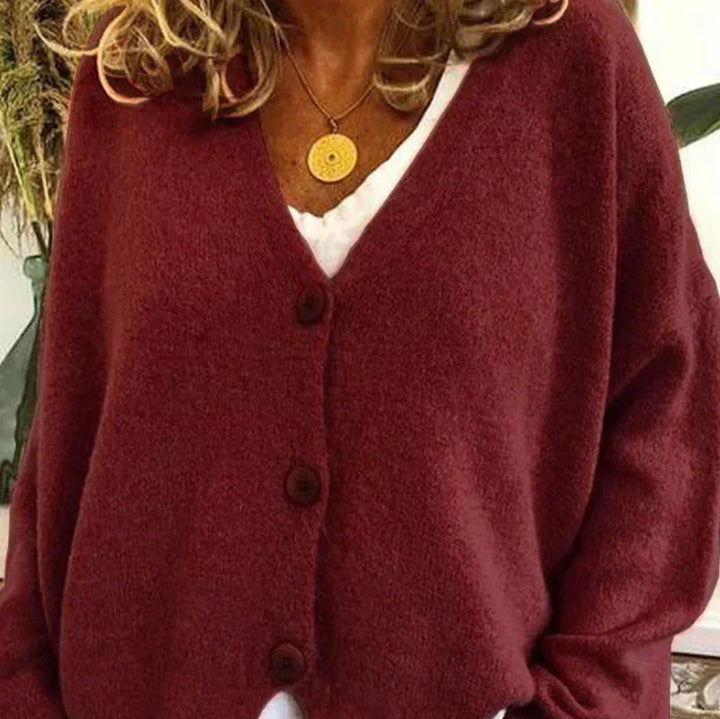 Mabel Elegant V Neck Knitted Cardigan Button Up for Women in Wine Red