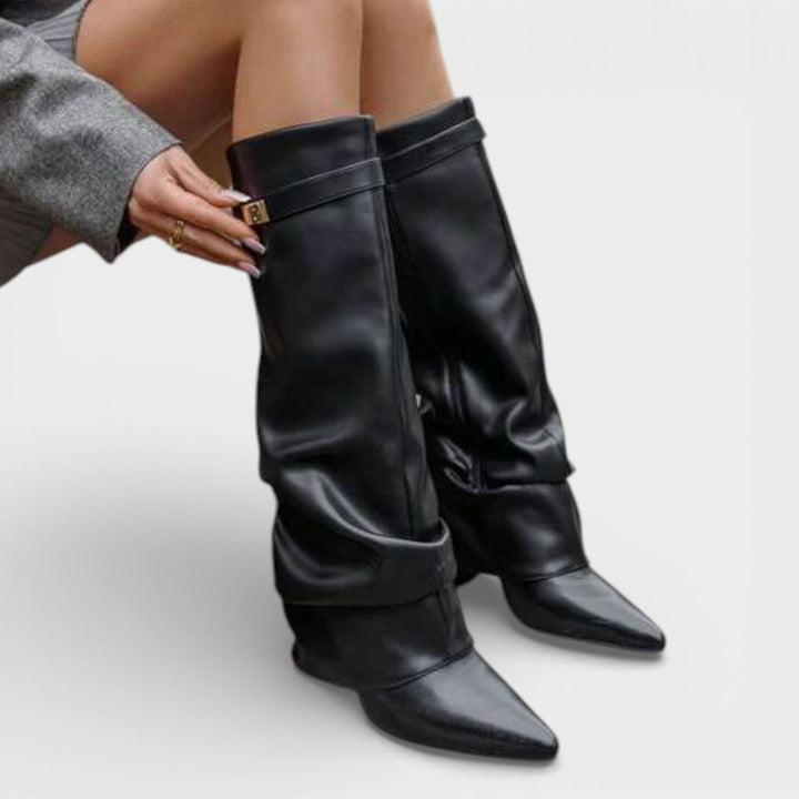 Ruched Pointed Toe Knee High Boots — knee high boots for women in black