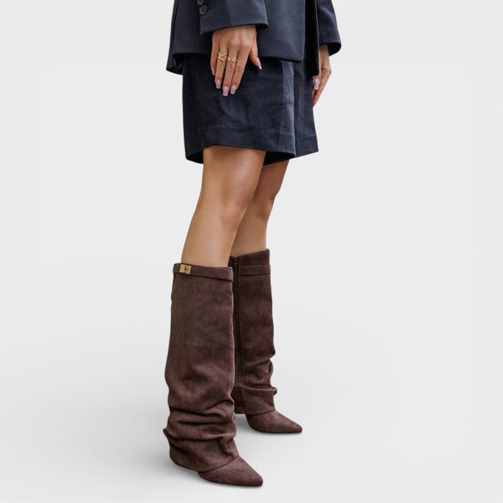 Ruched Pointed Toe Knee High Boots — knee high boots for women in black skin
