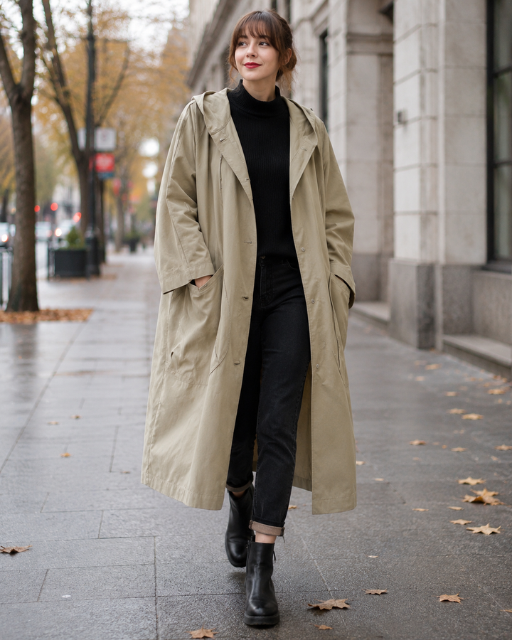Ermeline Long Waterproof Trench Coat Hooded Belted for Women, view 7