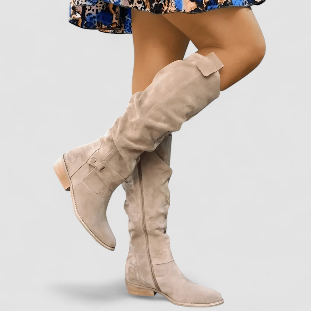 Tall Slouch Leather Boots — knee high boots for women in beige