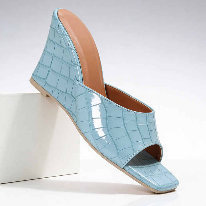 Croc Effect Wedge Mules — women's mules in blush