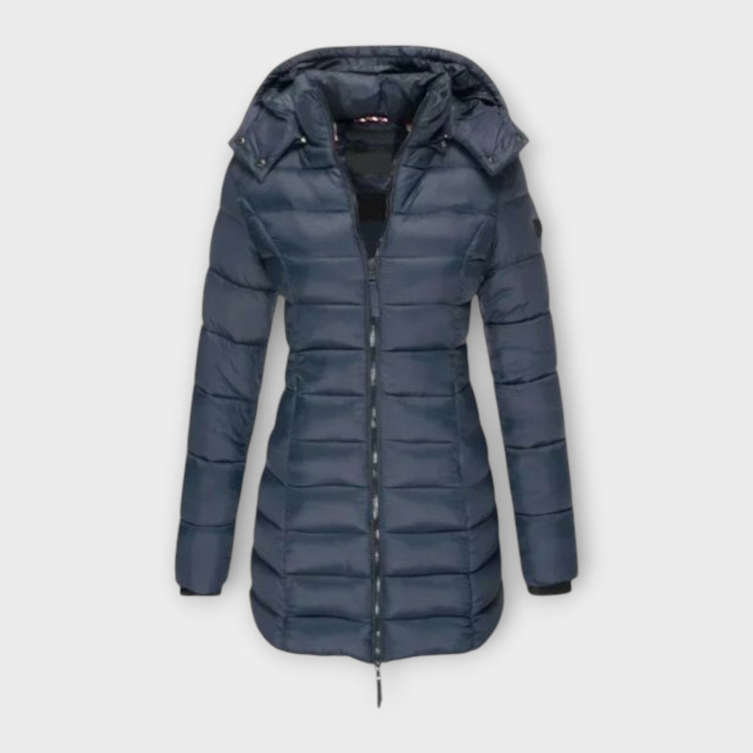 Angeline Quilted Padded Winter Coat Hooded Longline for Women in Bleu