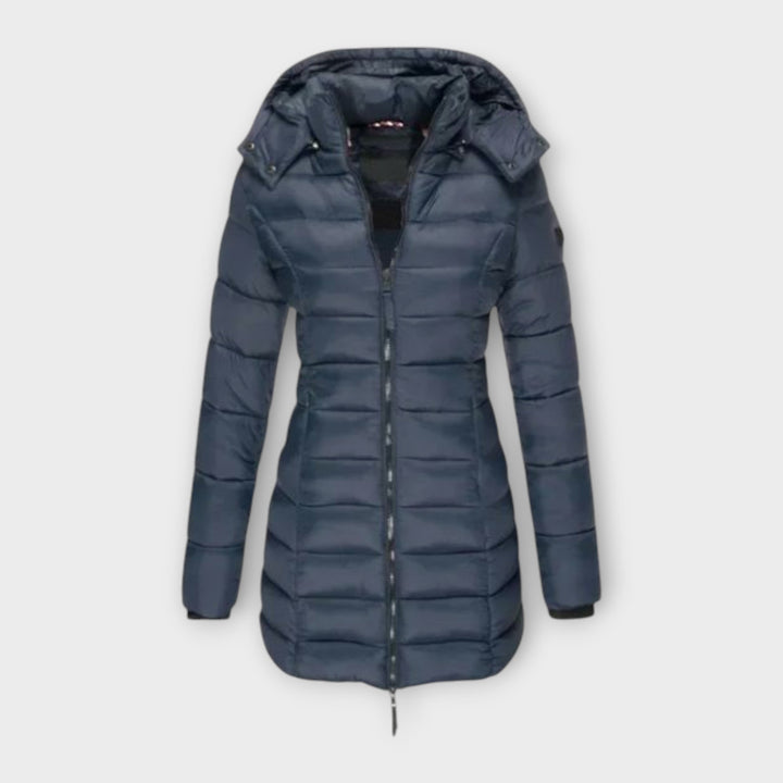 Angeline Quilted Padded Winter Coat Hooded Longline for Women in Bleu