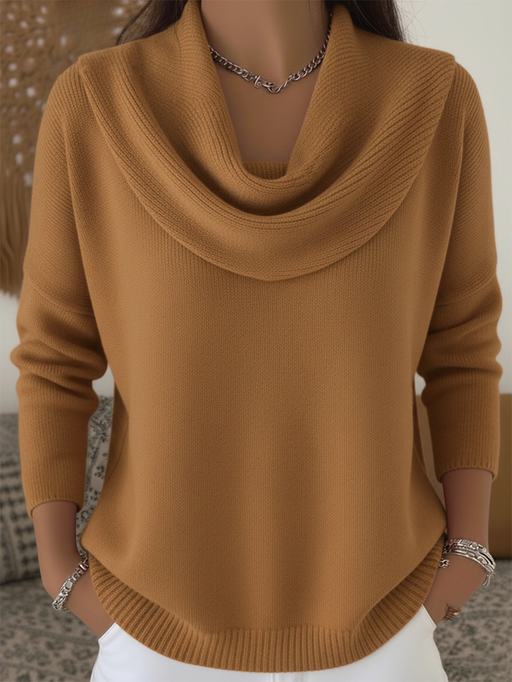 Cowl Neck Merino Wool Sweater — sweater for women in camel