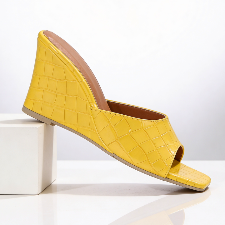 Croc Effect Wedge Mules — women's mules in blush