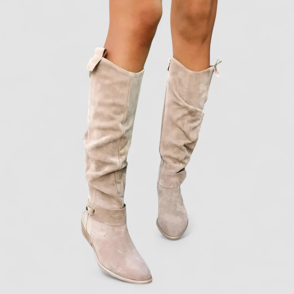 Tall Slouch Leather Boots — knee high boots for women in taupe
