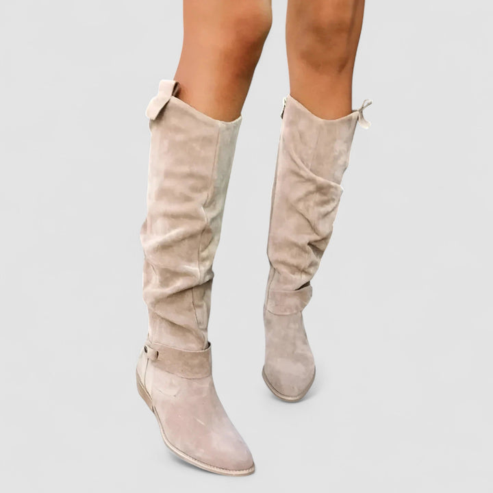 Tall Slouch Leather Boots — knee high boots for women in taupe