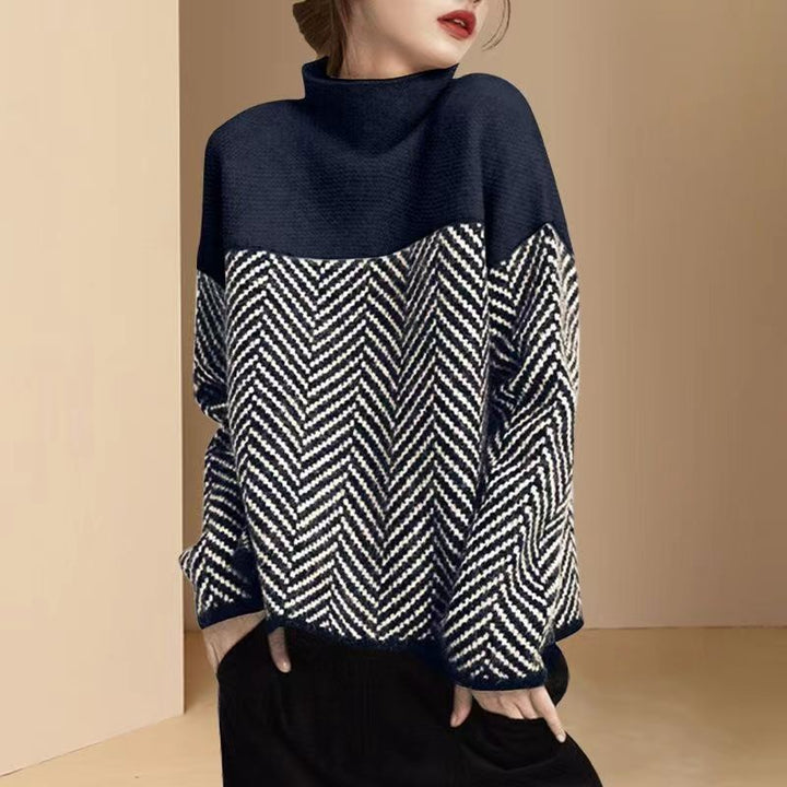 Verity Herringbone Knit Sweater Crew Neck for Women in Navy Blue