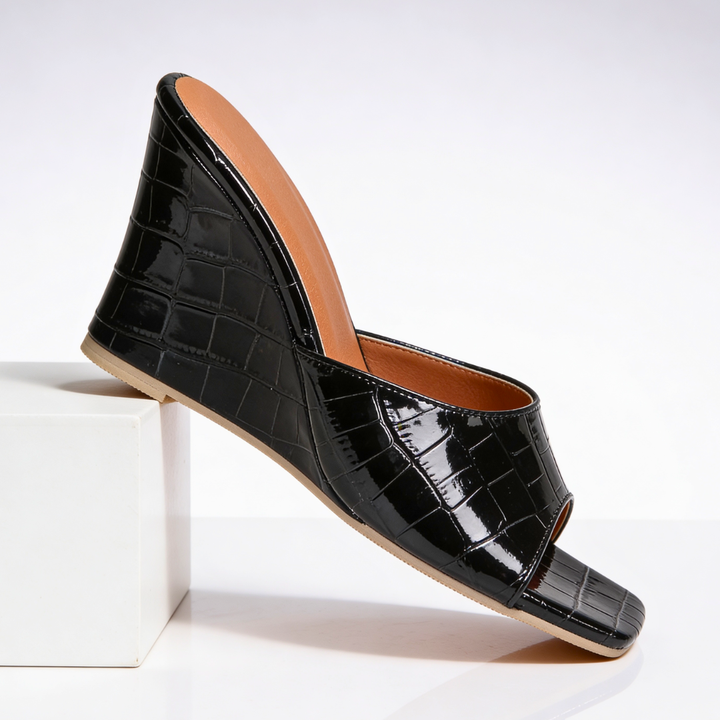 Croc Effect Wedge Mules — women's mules in blush
