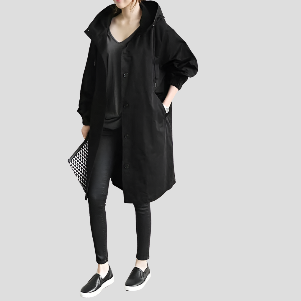 Longline Hooded Raincoat — women's rain jacket in black