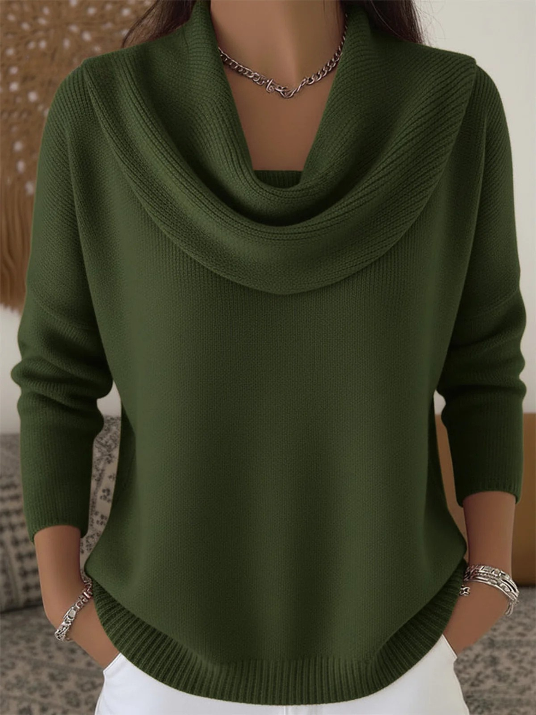Cowl Neck Merino Wool Sweater — sweater for women in pine
