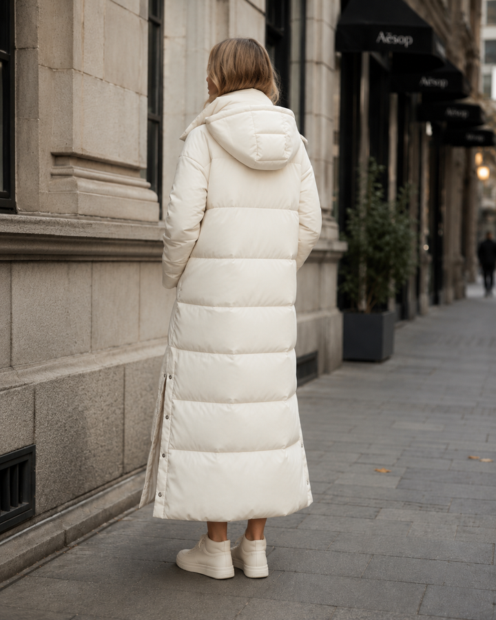 Windproof Longline Puffer Winter Jacket — puffer jacket for women in beige