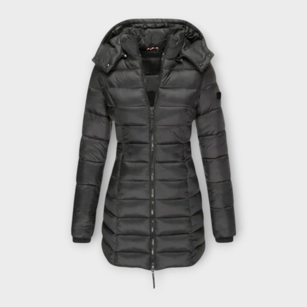 Angeline Quilted Padded Winter Coat Hooded Longline for Women in Noir