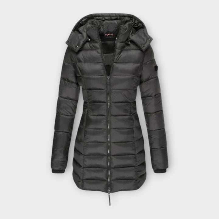Angeline Quilted Padded Winter Coat Hooded Longline for Women in Noir