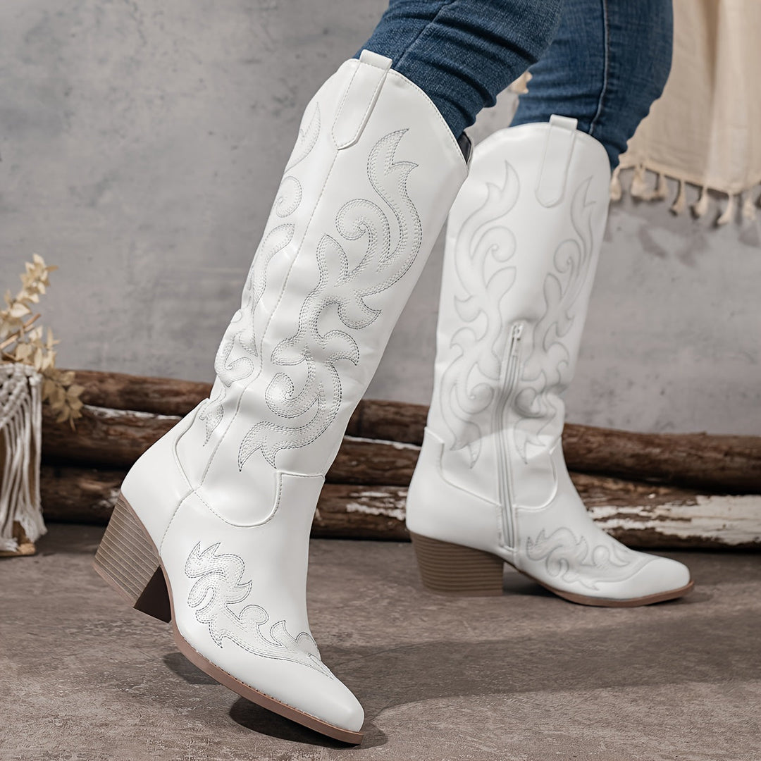 Knee High Embroidered Cowboy Boots — cowboy boots for women in white