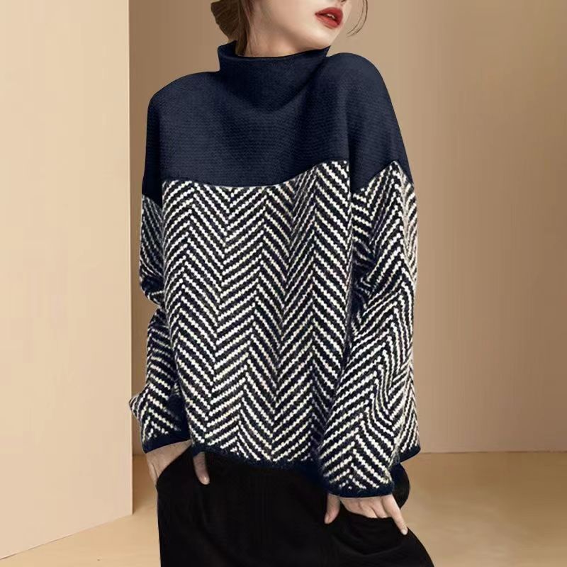 Verity Herringbone Knit Sweater Crew Neck for Women in Navy Blue