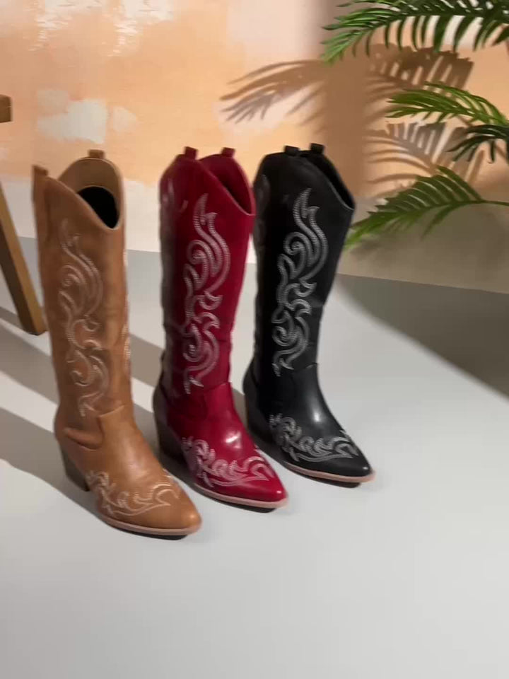 Knee High Embroidered Cowboy Boots — cowboy boots for women in brown