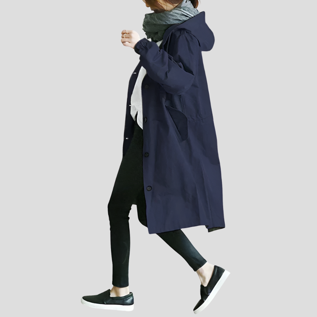 Longline Hooded Raincoat — women's rain jacket in blue